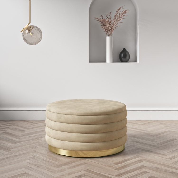 Round Storage Pouffe Upholstered in Beige Velvet - Astrid