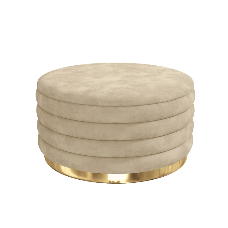 Round Storage Pouffe Upholstered in Beige Velvet - Astrid