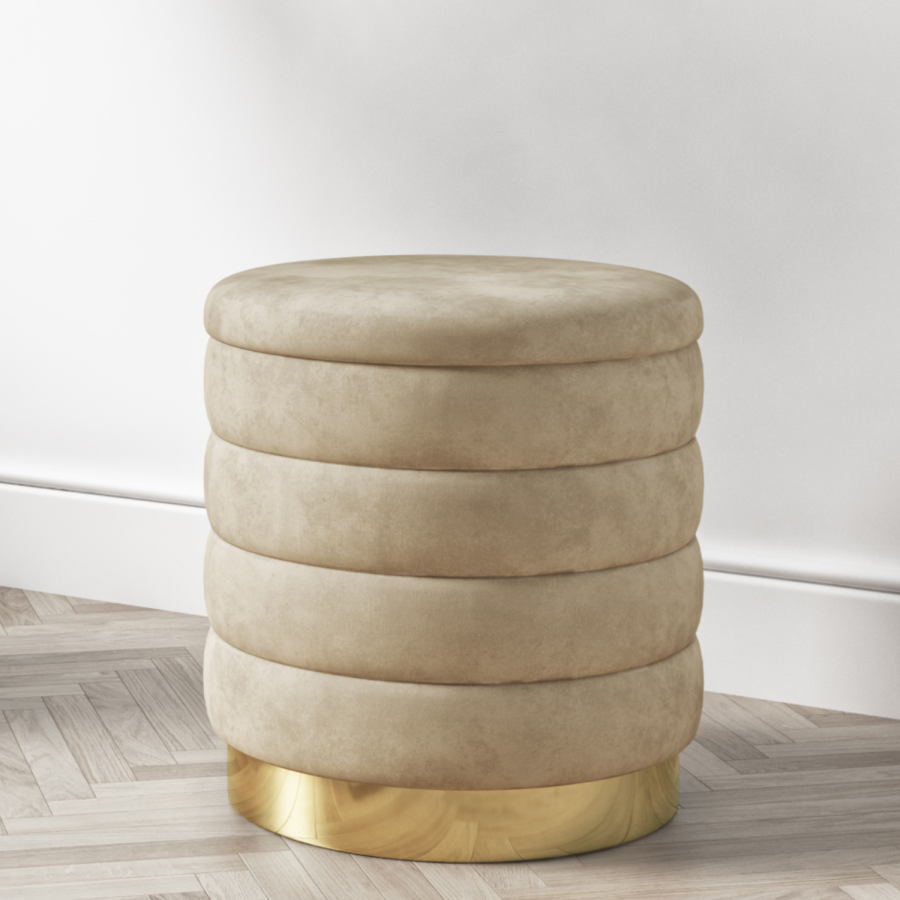 GRADE A1 - Small Round Pouffe Stool Upholstered in Beige Velvet - Astrid 