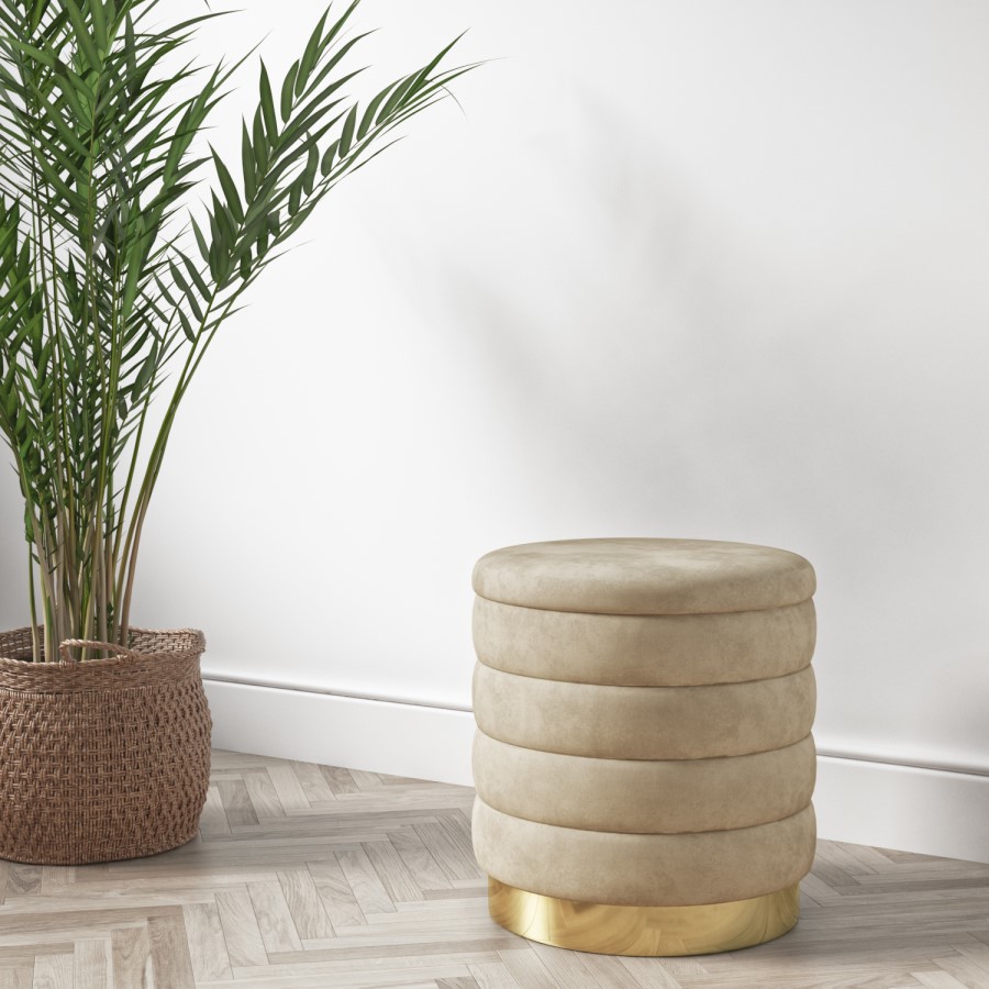 GRADE A1 - Small Round Pouffe Stool Upholstered in Beige Velvet - Astrid 