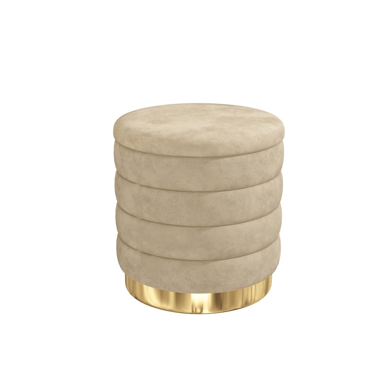 Small Round Pouffe Stool Upholstered in Beige Velvet - Astrid 