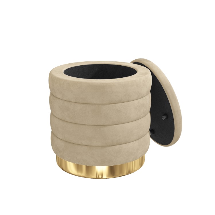 Small Round Pouffe Stool Upholstered in Beige Velvet - Astrid 