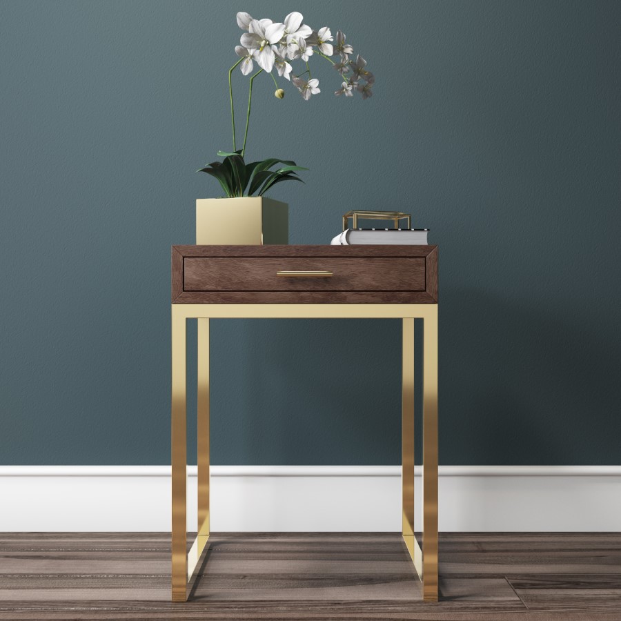 Aubrey Walnut 1 Drawer Bedside Table with Gold Trim Legs