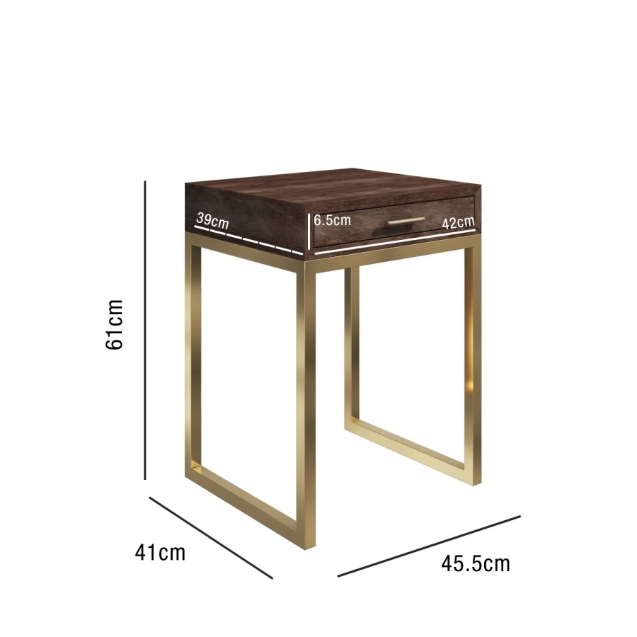 Aubrey Walnut 1 Drawer Bedside Table with Gold Trim Legs