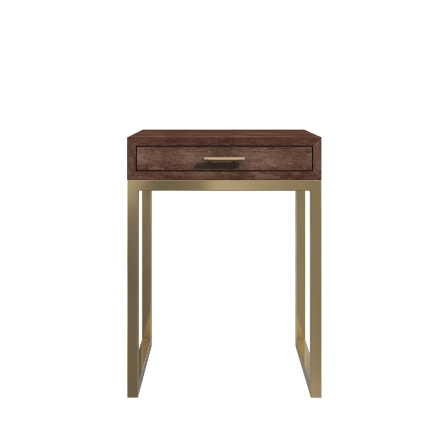 Aubrey Walnut 1 Drawer Bedside Table with Gold Trim Legs