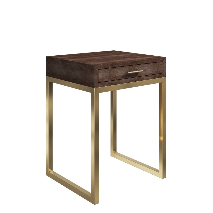 Aubrey Walnut 1 Drawer Bedside Table with Gold Trim Legs