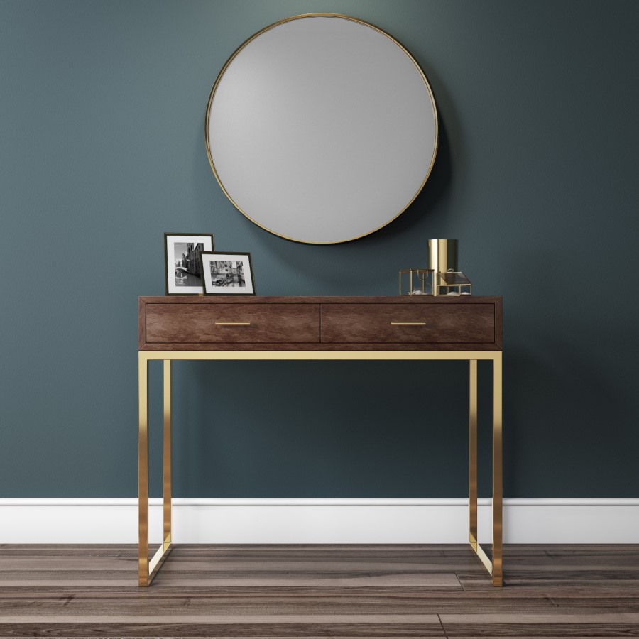 Aubrey Walnut 2 Drawer Dressing Table with Gold Legs