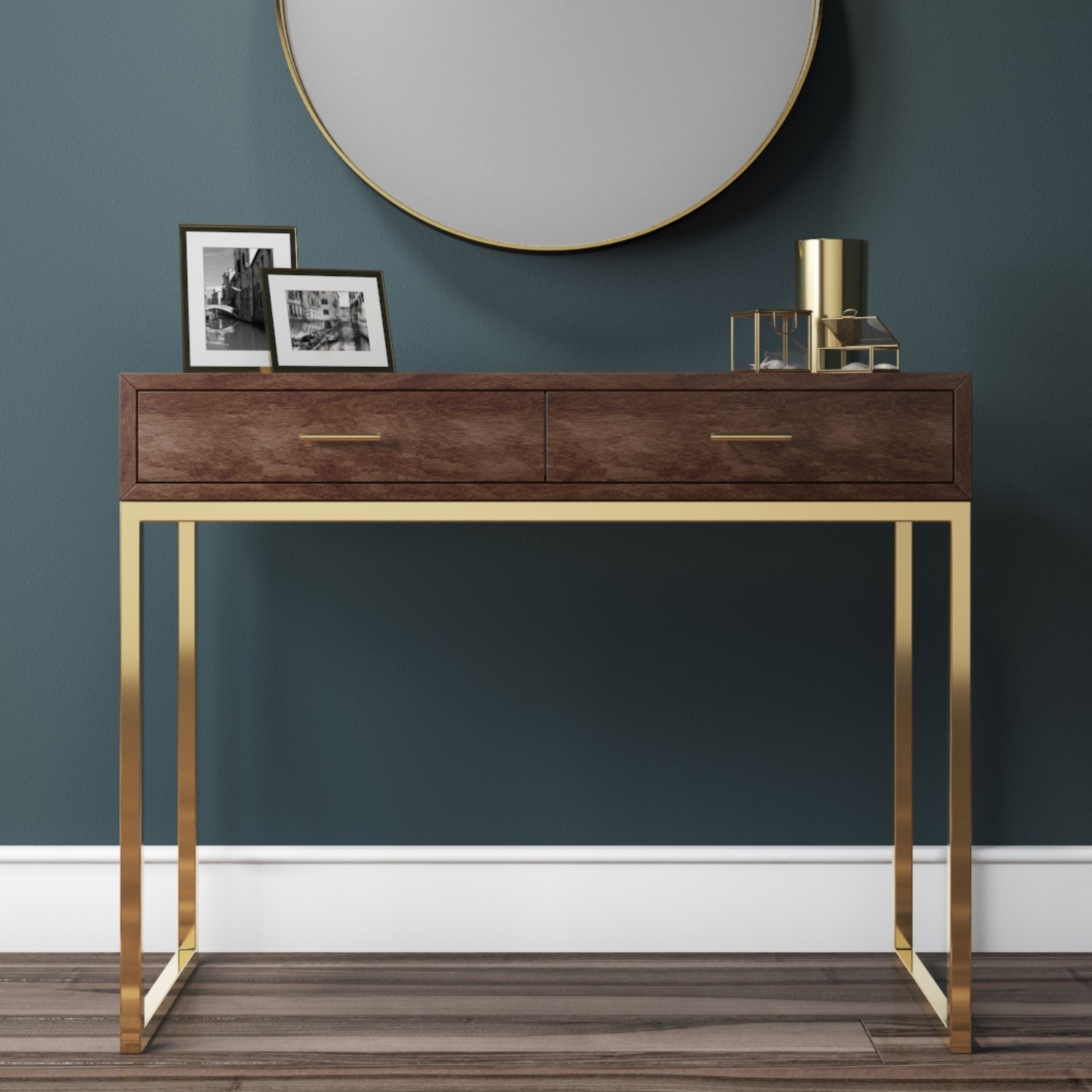 Aubrey Walnut 2 Drawer Dressing Table with Gold Legs - Furniture123 Aubrey Walnut 2 Drawer Dressing Table with Gold Legs - Furniture123