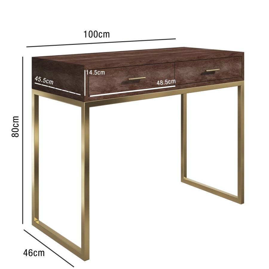 Aubrey Walnut 2 Drawer Dressing Table with Gold Legs