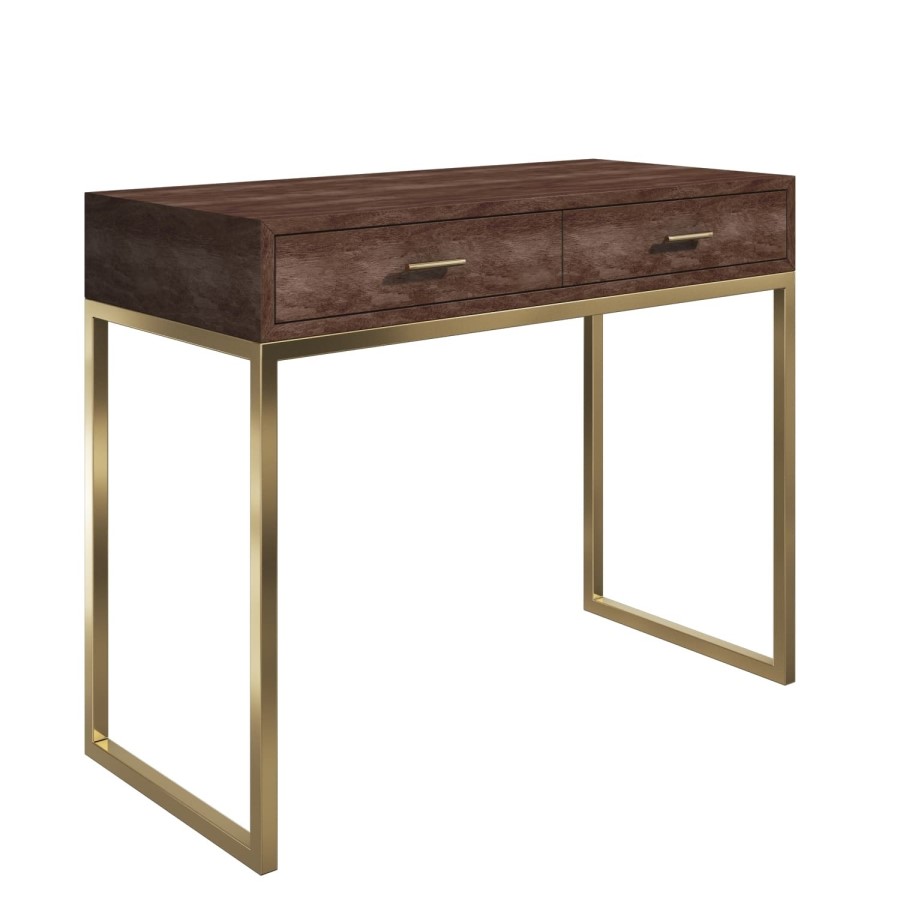 Aubrey Walnut 2 Drawer Dressing Table with Gold Legs