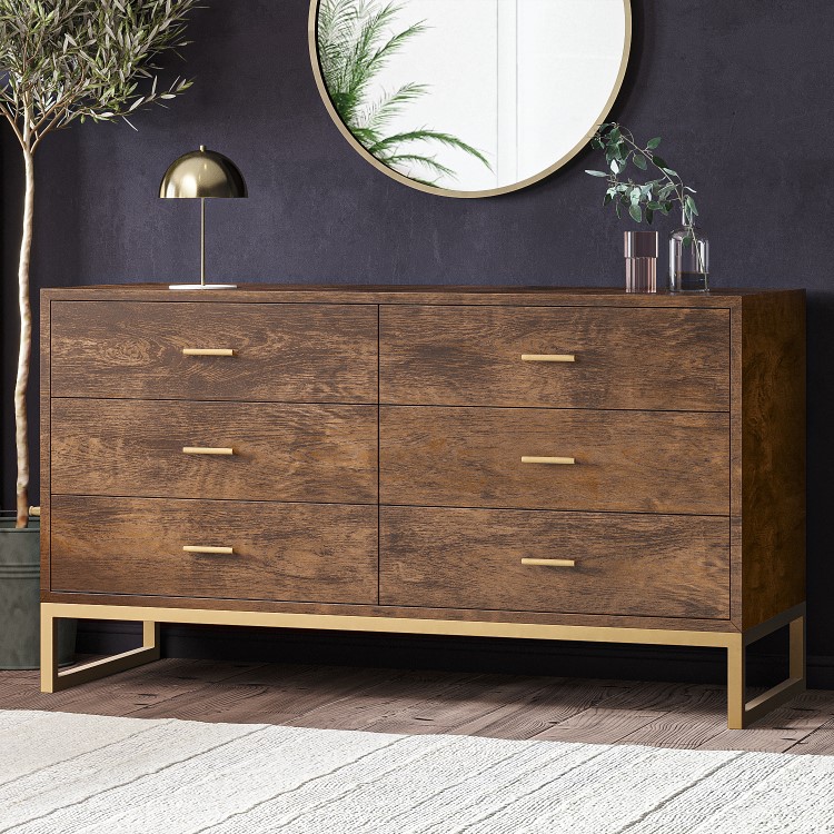 Wide Walnut Chest of 6 Drawers with Legs - Aubrey 