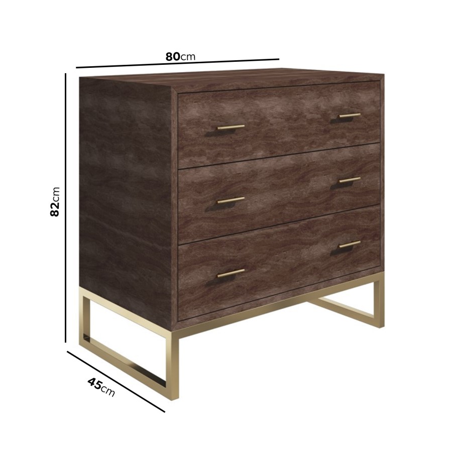 GRADE A1 - Aubrey Walnut 3 Drawer Chest of Drawers with Gold Legs