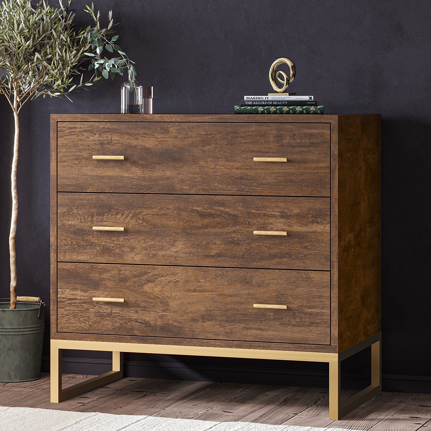 Photo of Walnut chest of 3 drawers with legs - aubrey