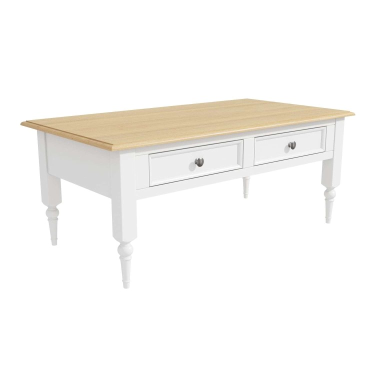 Auckland Farmhouse White & Pine Coffee Table with 2 Drawers