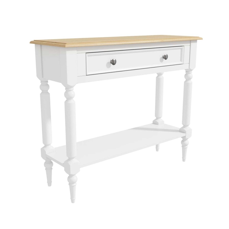 Narrow White Console Table with Wood Top & Drawer - Auckland