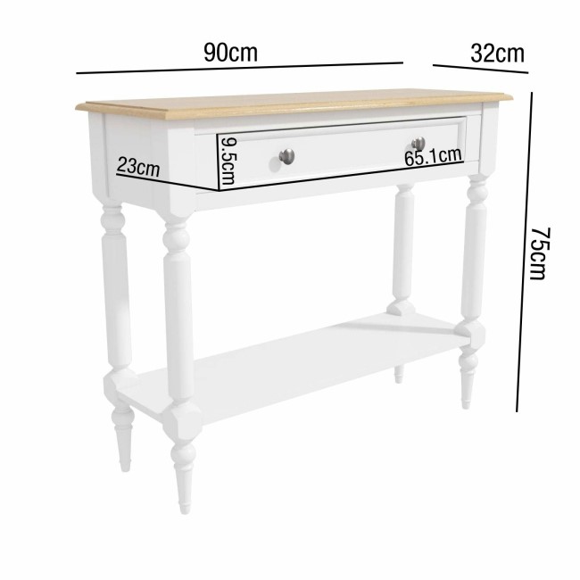 Narrow White Console Table with Wood Top & Drawer - Auckland