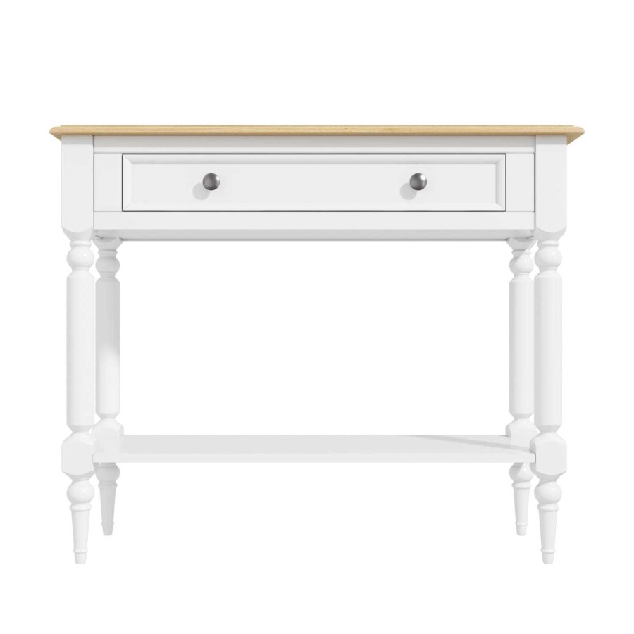Narrow White Console Table with Wood Top & Drawer - Auckland
