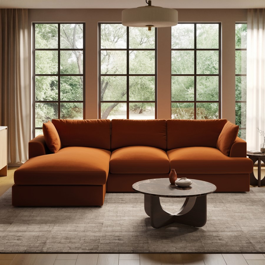 Large Burnt Orange Velvet Left Hand 4 Seater Chaise Corner Sofa - August