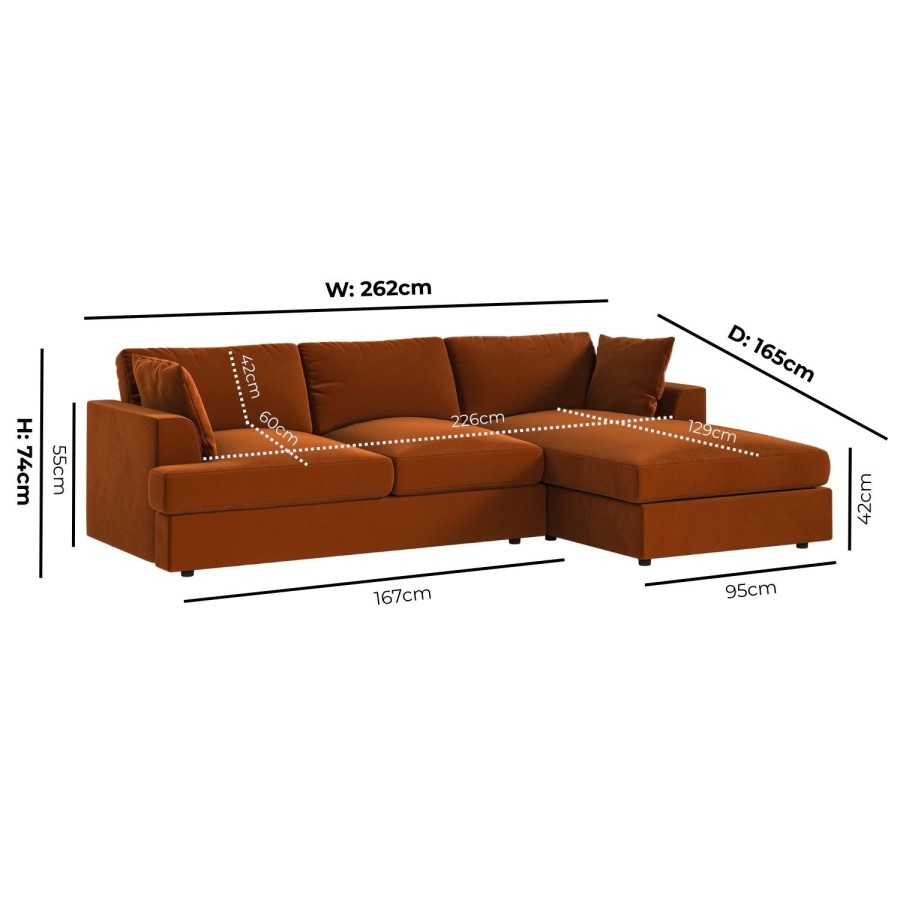 Right Hand Chaise 4 Seater Corner Sofa in Burnt Orange Velvet - August 