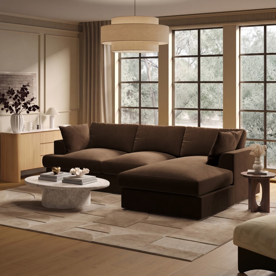 Large Chocolate Brown Velvet Right Hand 4 Seater Chaise Corner Sofa - August