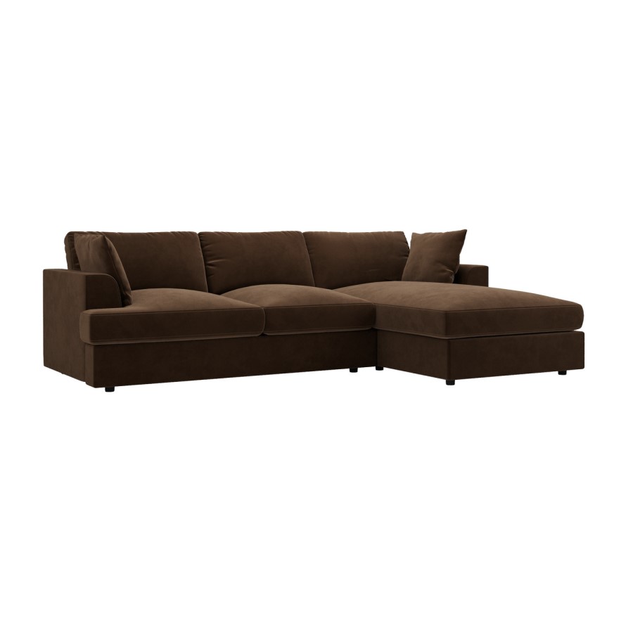 Large Chocolate Brown Velvet Right Hand 4 Seater Chaise Corner Sofa - August