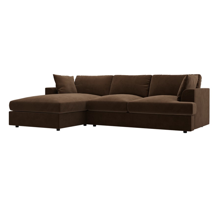 Large Chocolate Brown Velvet Left Hand 4 Seater Chaise Corner Sofa - August