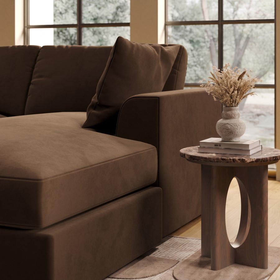 Large Chocolate Brown Velvet Left Hand 4 Seater Chaise Corner Sofa - August