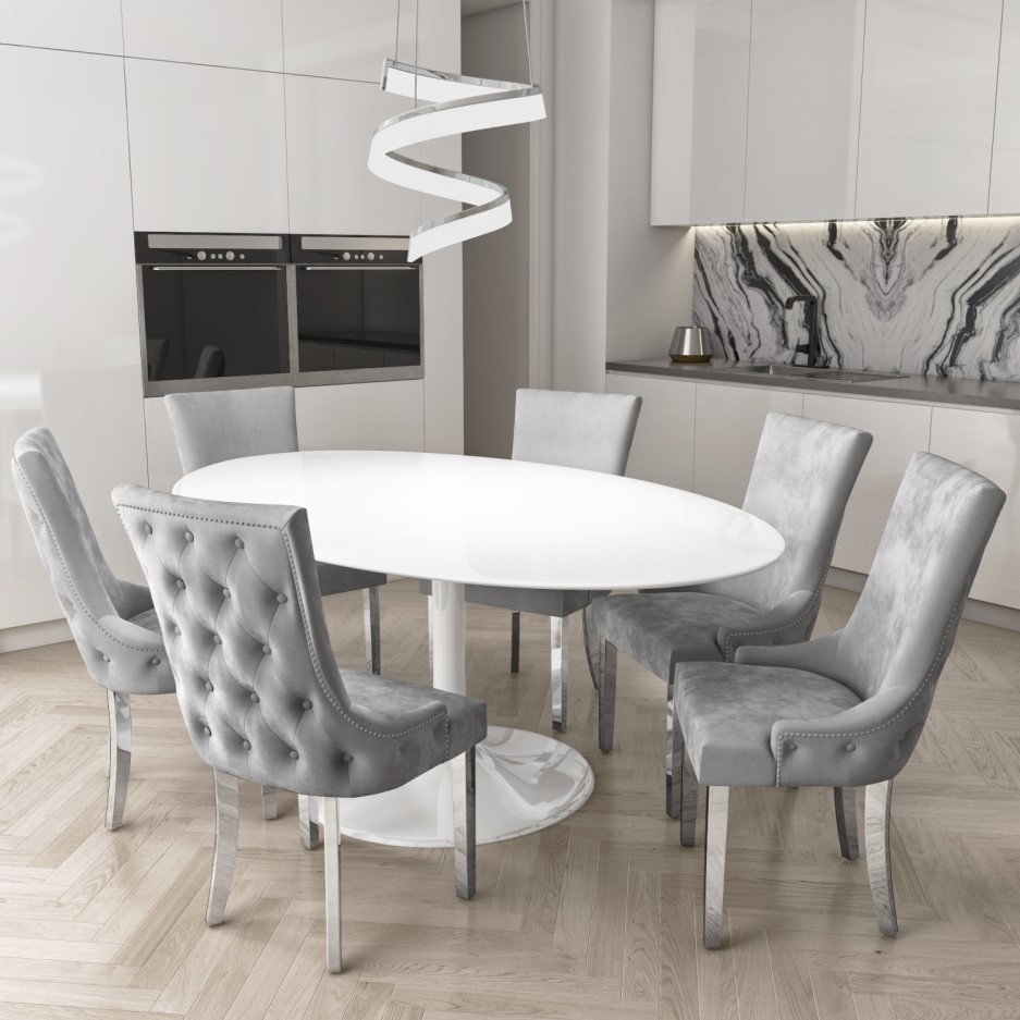 White Oval Pedestal Dining Table in High Gloss - Seats 6 - Aura