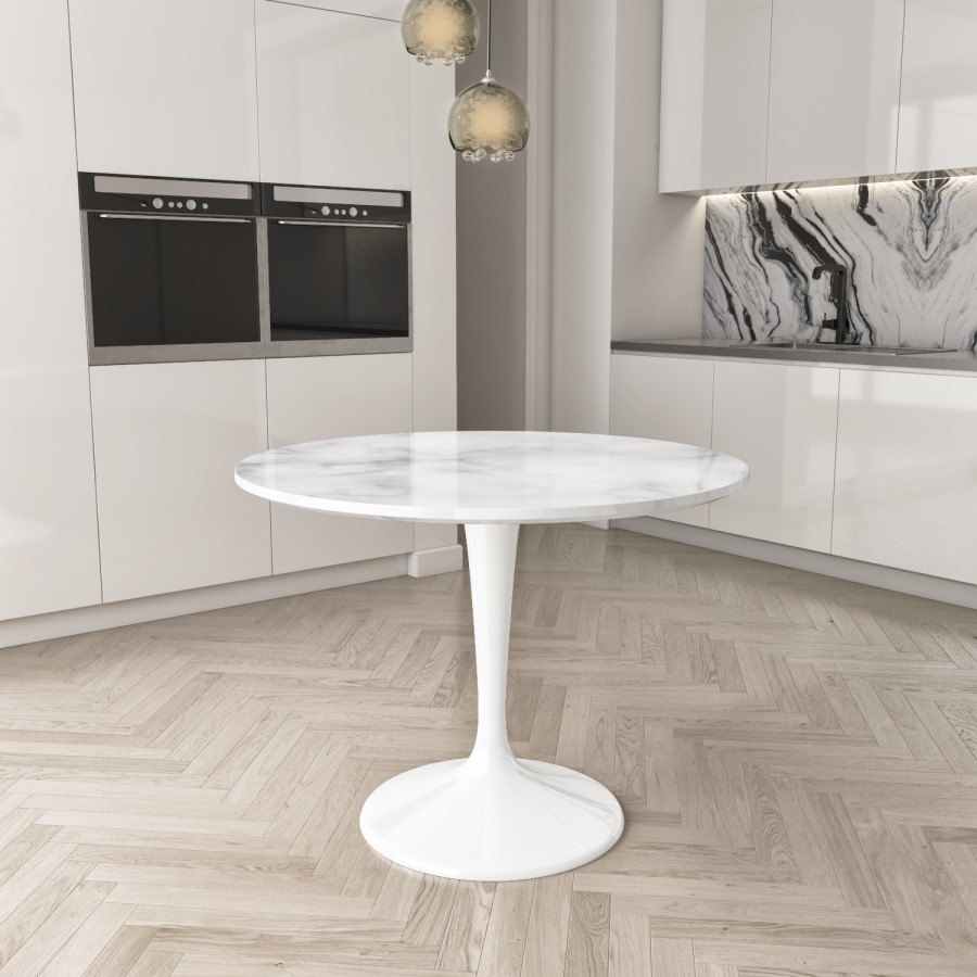 GRADE A1 - Round White Faux Marble Dining Table - Seats 4 - Aura