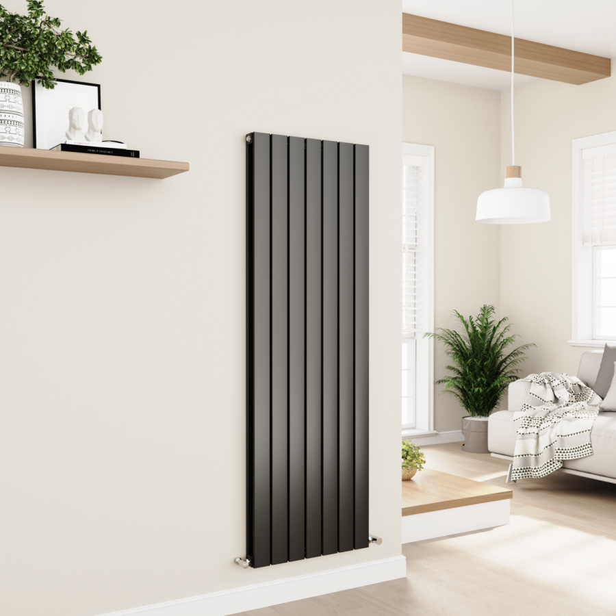 Eco Eleganza Midnight Black Vertical Flat Designer Aluminium Radiator 1600x525mm Double Panel 4724 BTU