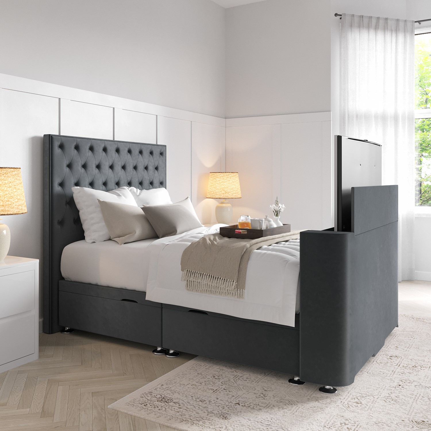 Photo of Double tv bed in grey velvet with chesterfield headboard - avery