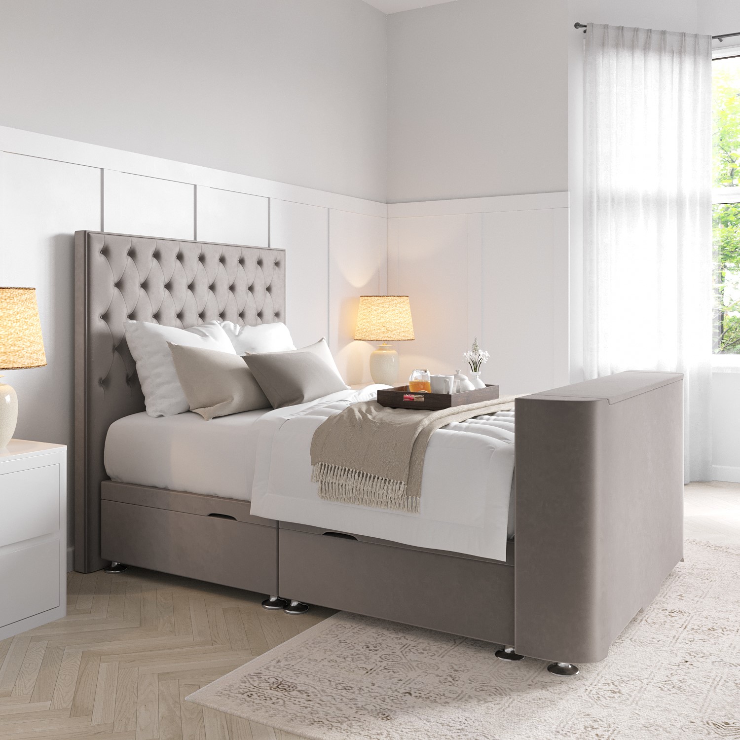 Double TV Ottoman Bed in Mink Brown Velvet with Chesterfield Headboard ...