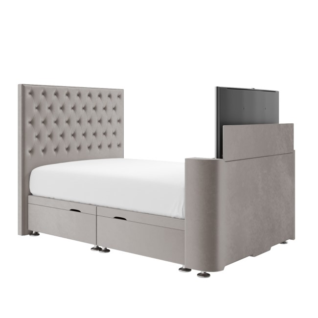 Double TV Ottoman Bed in Mink Brown Velvet with Chesterfield Headboard - Avery