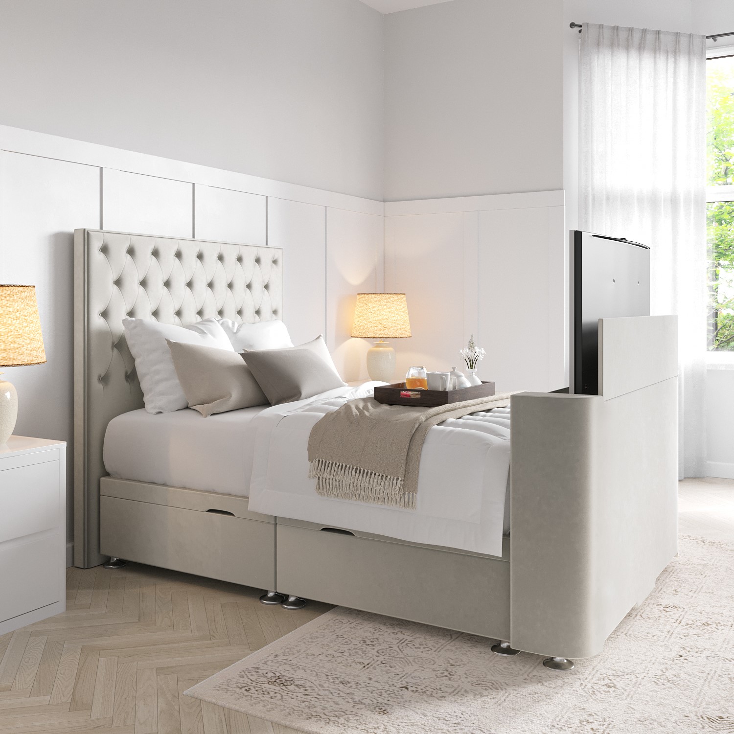 Double TV Ottoman Bed in Cream Velvet with Chesterfield Headboard ...