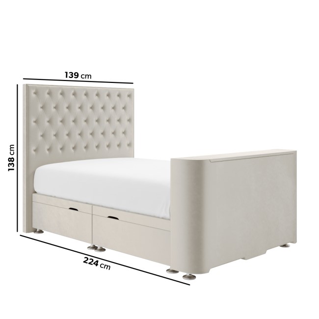 Double TV Ottoman Bed in Cream Velvet with Chesterfield Headboard - Avery