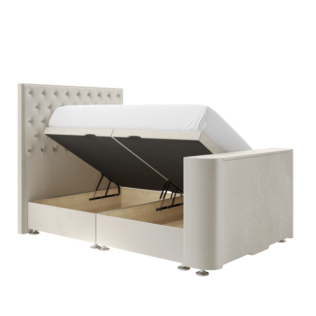 Double TV Ottoman Bed in Cream Velvet with Chesterfield Headboard - Avery