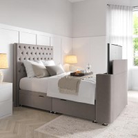 King Size TV Ottoman Bed in Mink Brown Velvet with Chesterfield Headboard - Avery King Size TV Ottoman Bed in Mink Brown Velvet with Chesterfield Headboard - Avery