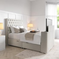 King Size TV Ottoman Bed in Cream Velvet with Chesterfield Headboard - Avery King Size TV Ottoman Bed in Cream Velvet with Chesterfield Headboard - Avery