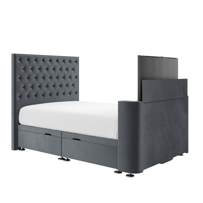 Super King TV Ottoman Bed in Grey Velvet with Chesterfield Headboard - Avery