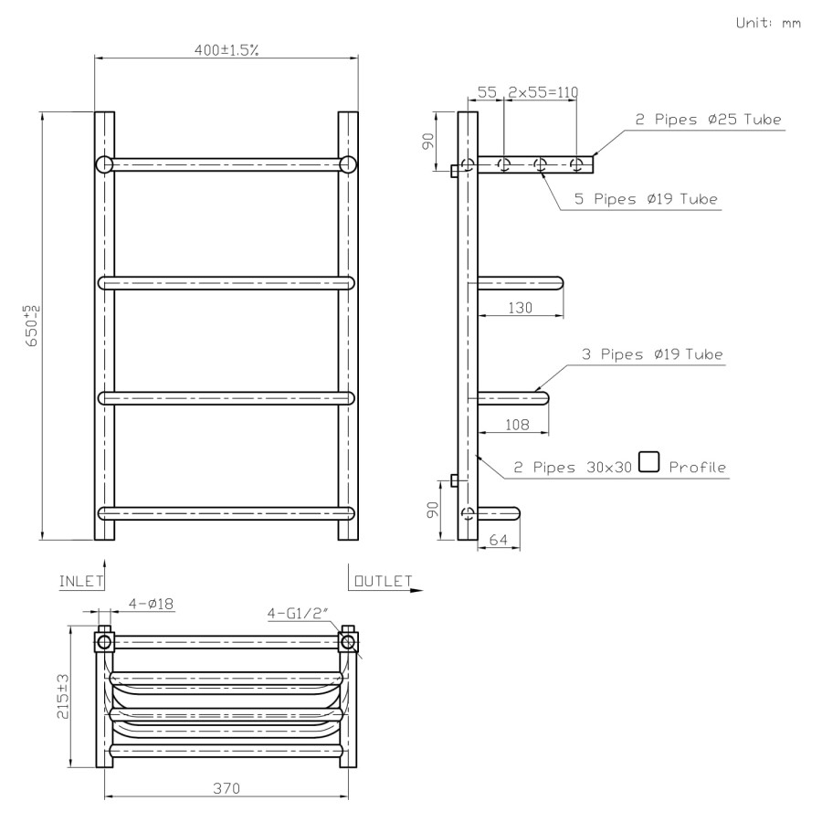 Taylor & Moore White Heated Towel Rail - 600 x 400mm