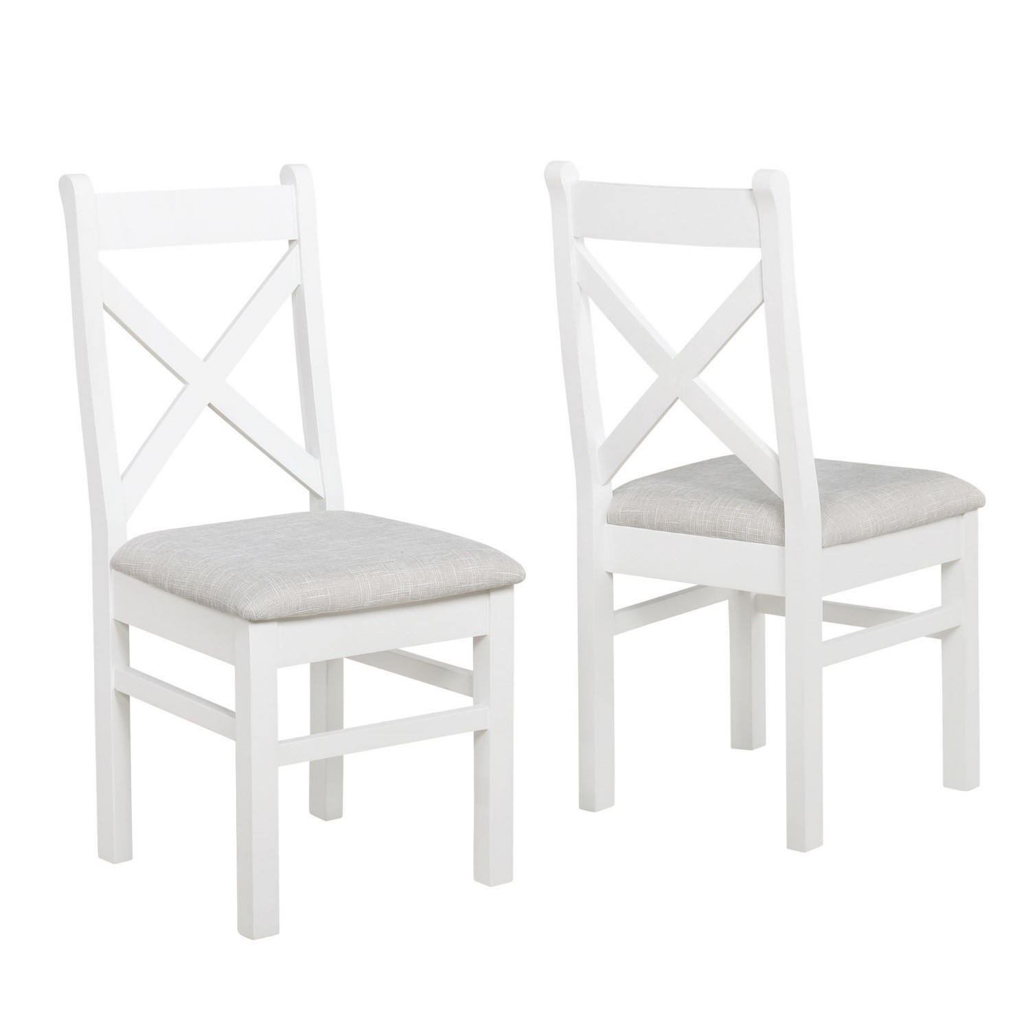 pair of painted white dining chairs with grey cushioned seat aylesbury