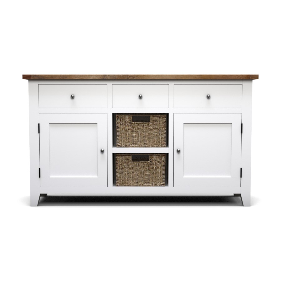 Large White Sideboard with Oak Top & Baskets - Aylesbury
