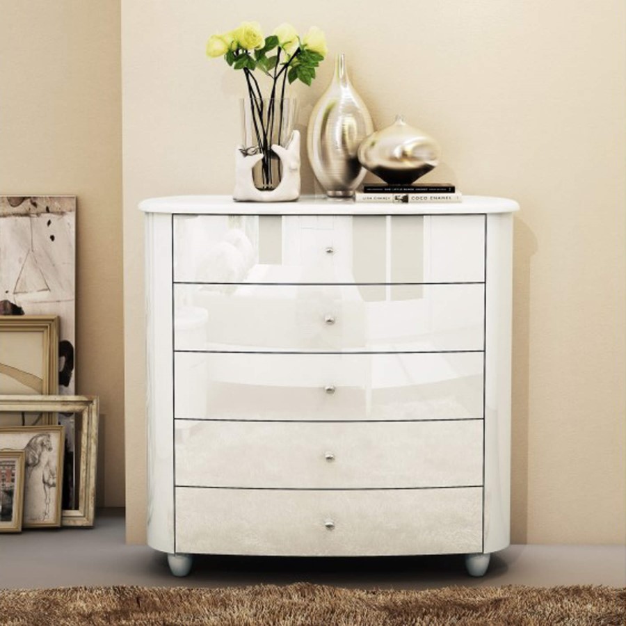 Birlea Furniture Aztec 5 Drawer Wide Chest in White High Gloss