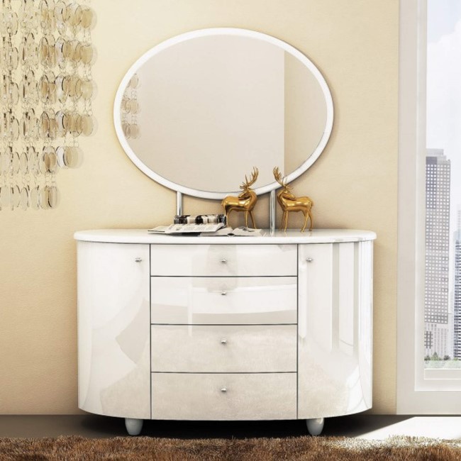 GRADE A2 - Birlea Furniture Aztec 4 Drawer Dresser & Mirror Set in White High Gloss