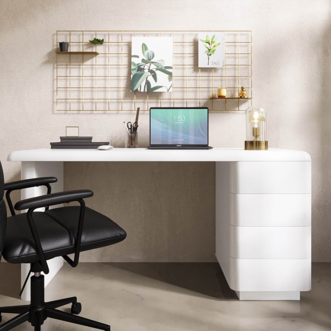 White Wooden Desk with 4 Drawers - Banks