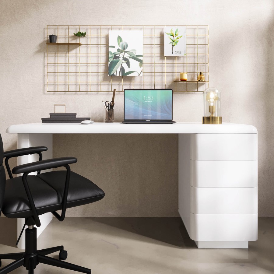 White Modern Wooden Office Desk with Drawers - Banks