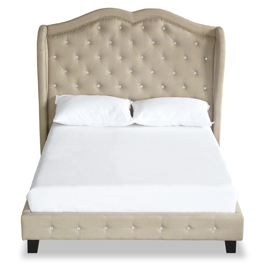 Bardot Double Bed with Diamante Stud Detailing in Beige Fabric