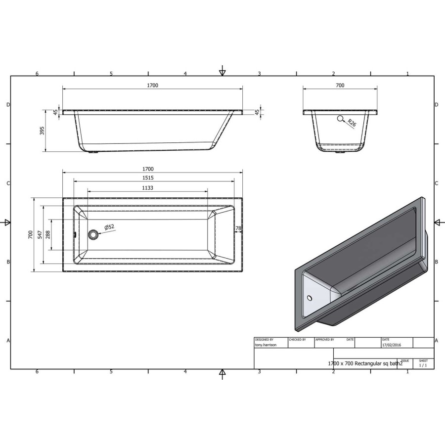Sedona Single Ended Square Style Standard Bath - 1700 x 700mm