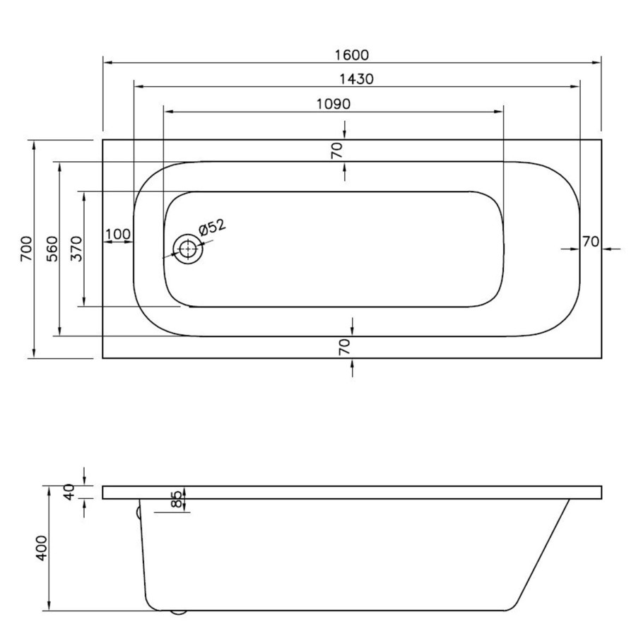 GRADE A2 - Sochi Round Style Single Ended Straight Standard Bath - 1600 x 700mm