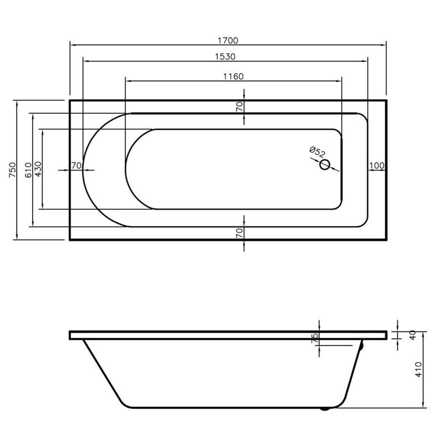 Estoril Single Ended Standard Bath includes Leg Set - 1700 x 750mm